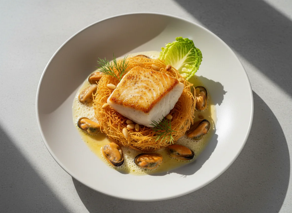 Gebratenes Fischfilet mit Kataifi-Nest und Muscheln photo