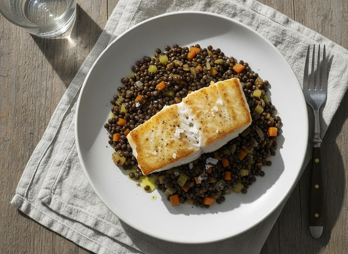 Gebratenes Fischfilet mit Linsenragout photo