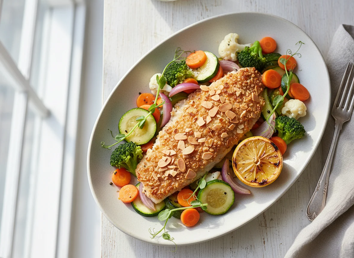 Gebratenes Fischfilet mit Mandeln und Gemüse photo