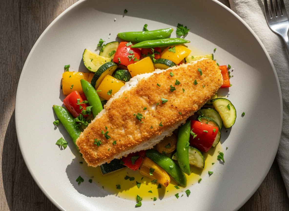 Gebratenes Fischfilet mit mediterranem Gemüse photo