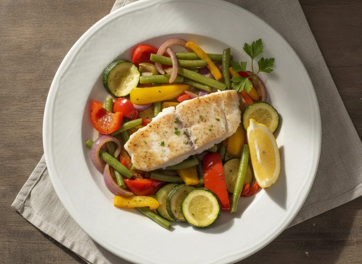 Gebratenes Fischfilet mit mediterranem Pfannengemüse photo