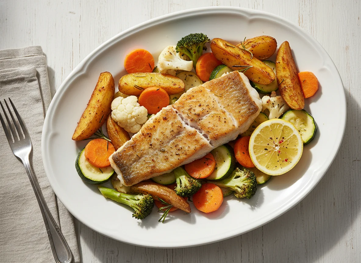 Gebratenes Fischfilet mit Ofenkartoffeln und Gemüse photo
