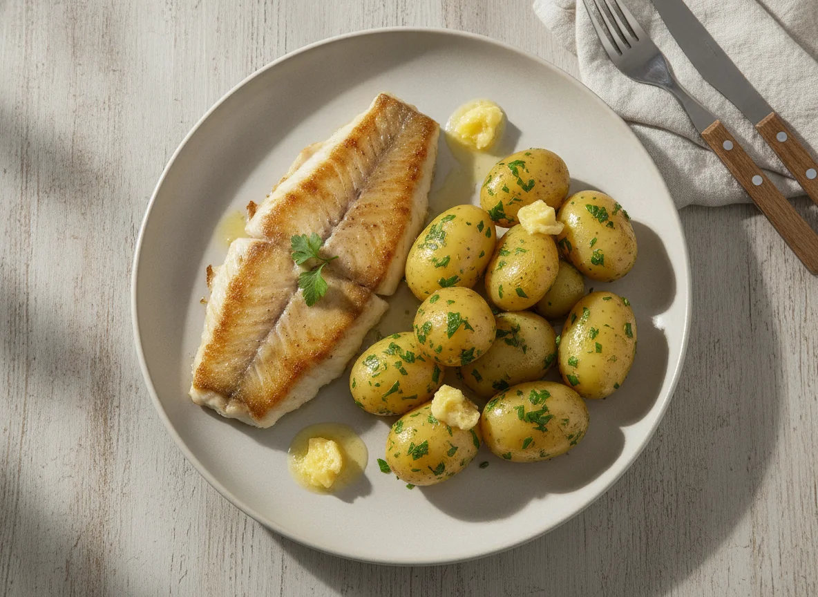 Gebratenes Fischfilet mit Petersilerdäpfeln photo