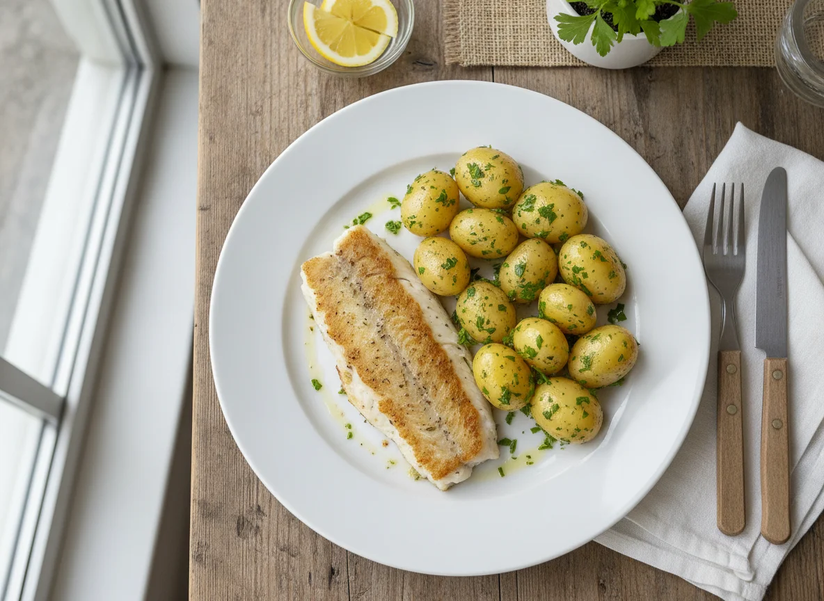 Gebratenes Fischfilet mit Petersilienkartoffeln photo