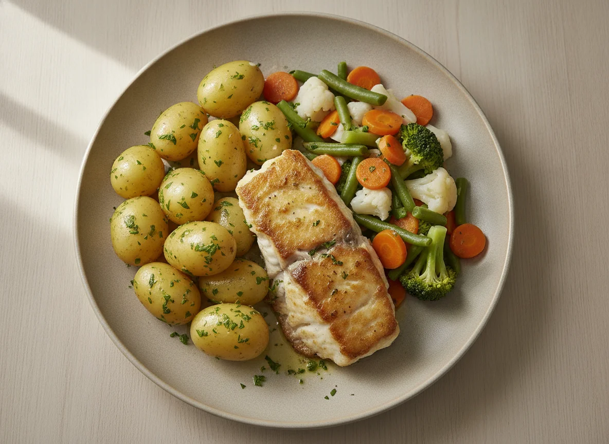 Gebratenes Fischfilet mit Petersilienkartoffeln und Mischgemüse photo