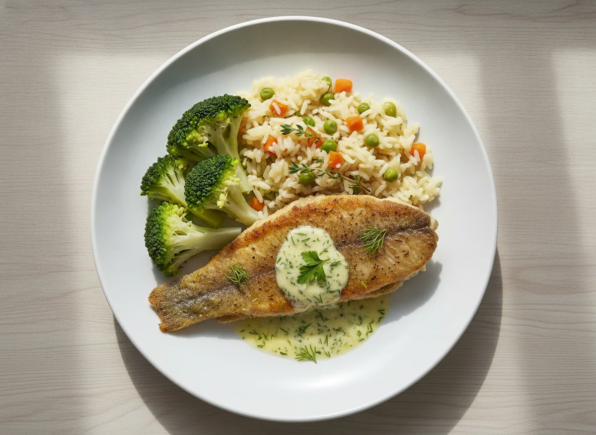 Gebratenes Fischfilet mit Reis und Brokkoli photo