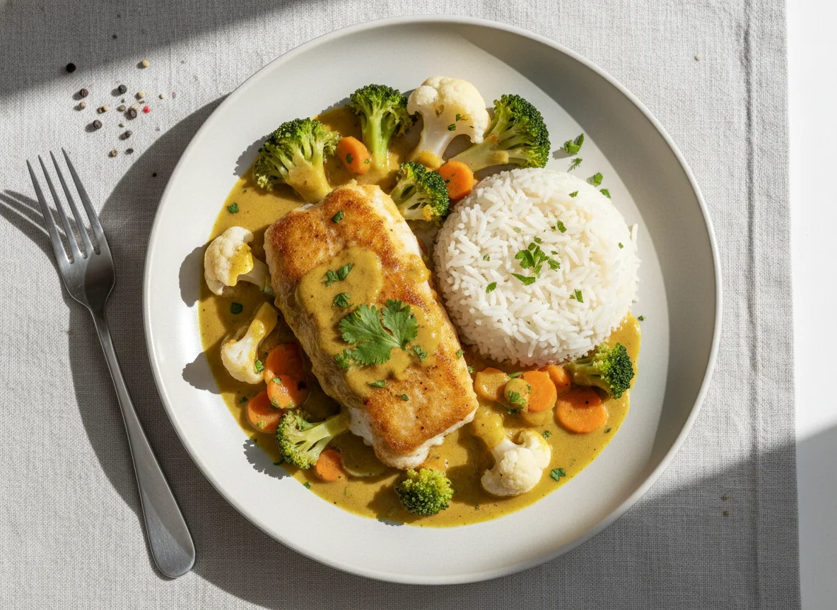 Gebratenes Fischfilet mit Reis und Currysauce photo