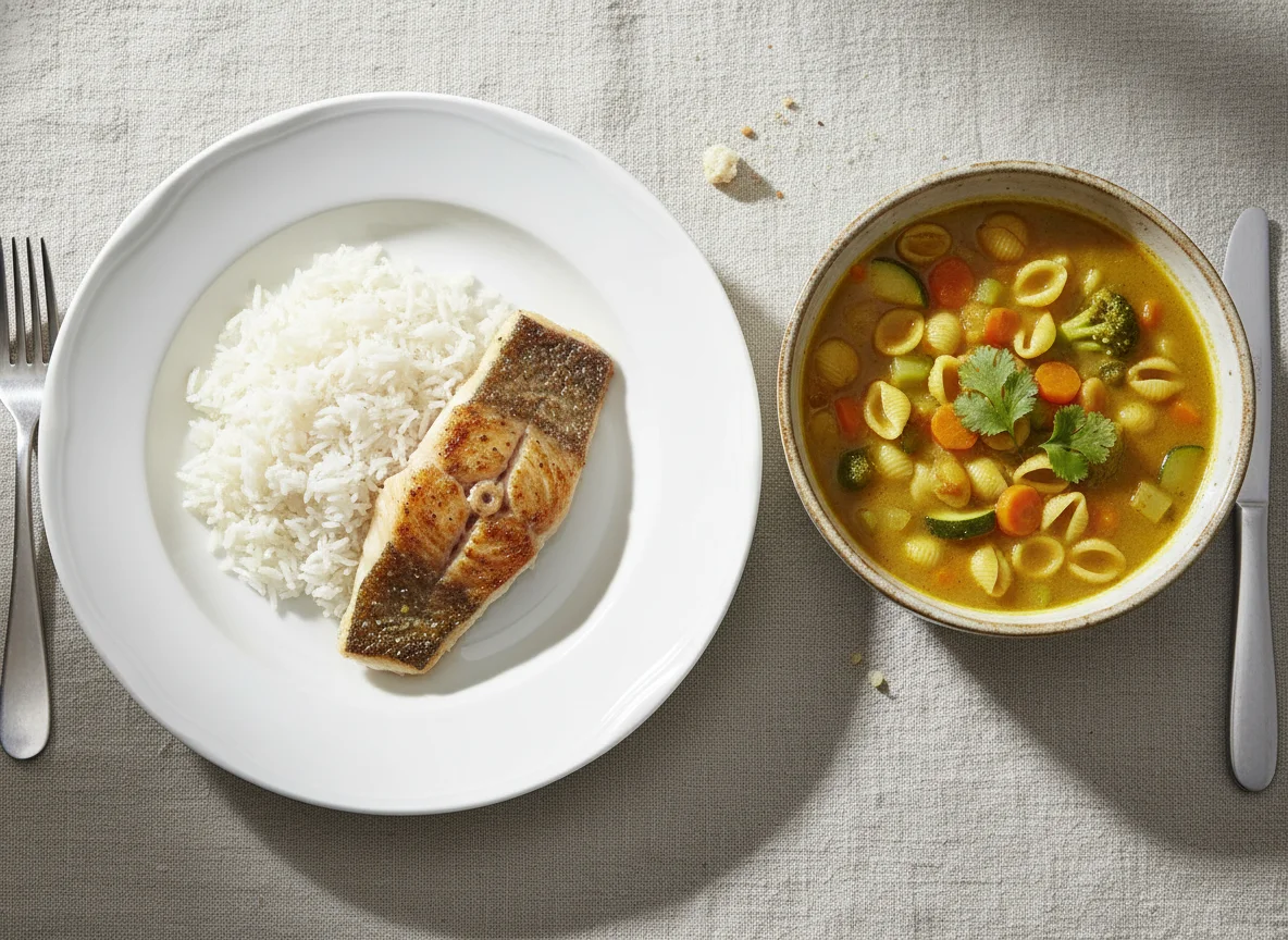 Gebratenes Fischfilet mit Reis und Gemüsesuppe photo