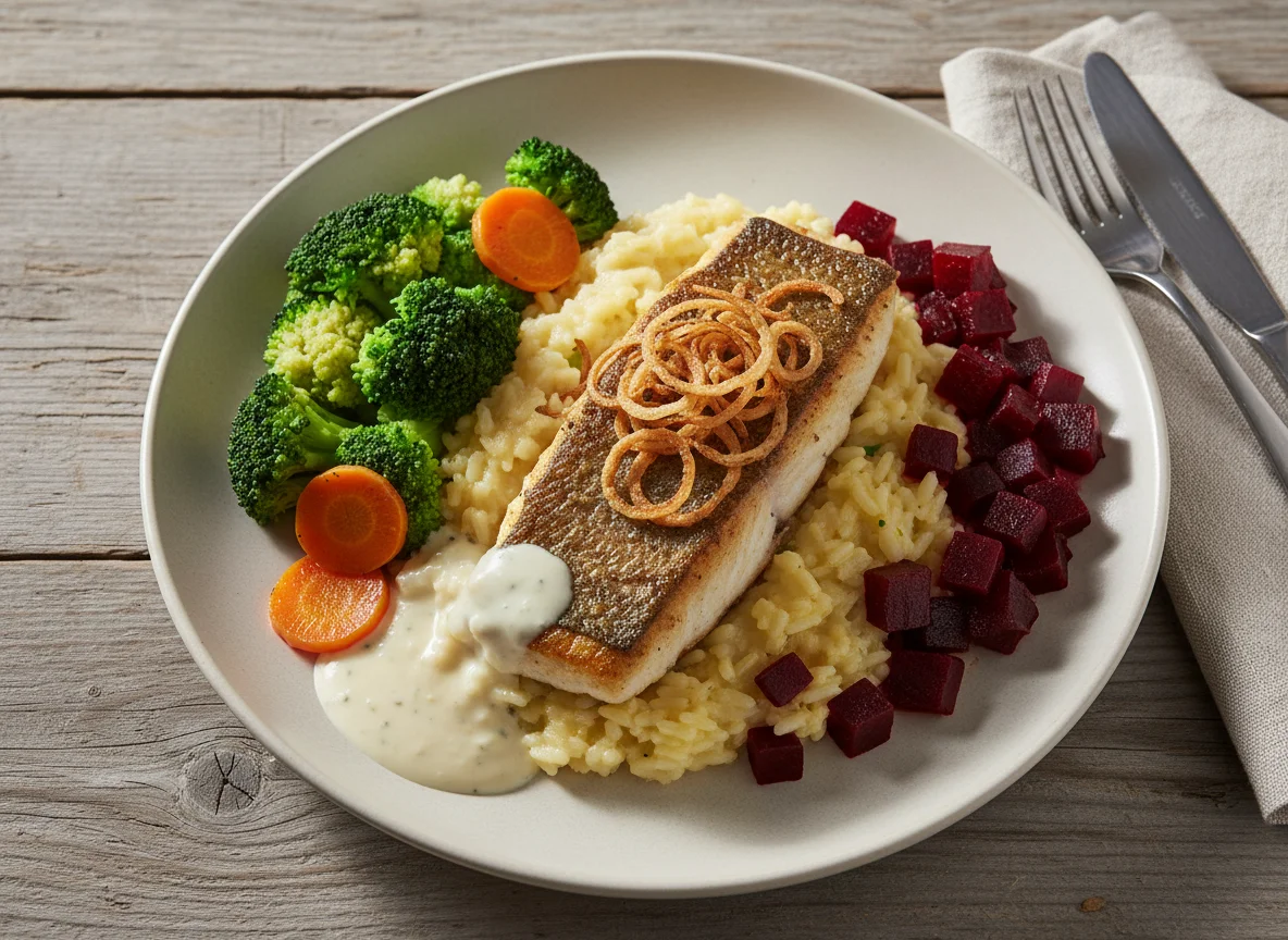 Gebratenes Fischfilet mit Risotto und Gemüse photo
