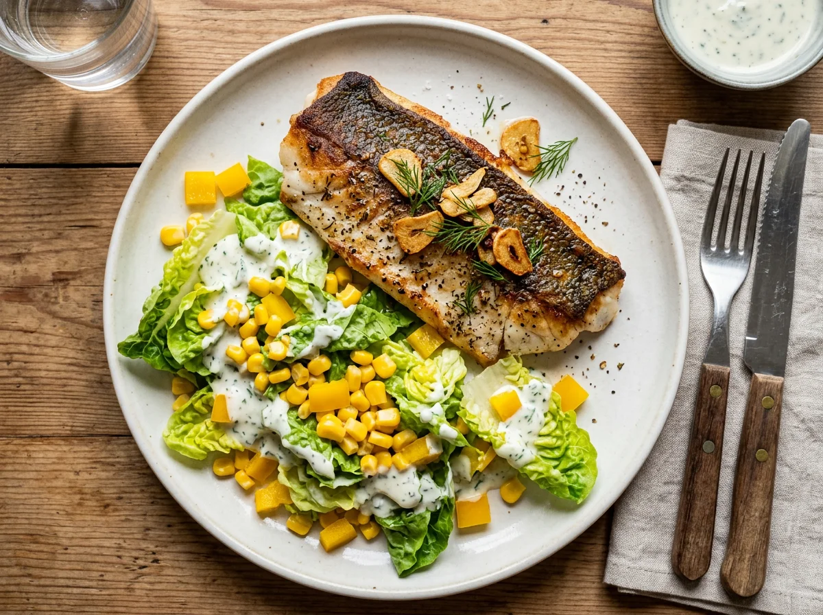 Gebratenes Fischfilet mit Salat photo