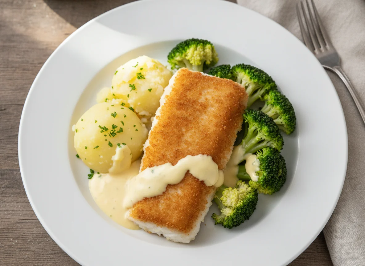 Gebratenes Fischfilet mit Salzkartoffeln, Brokkoli und Sauce Hollandaise photo