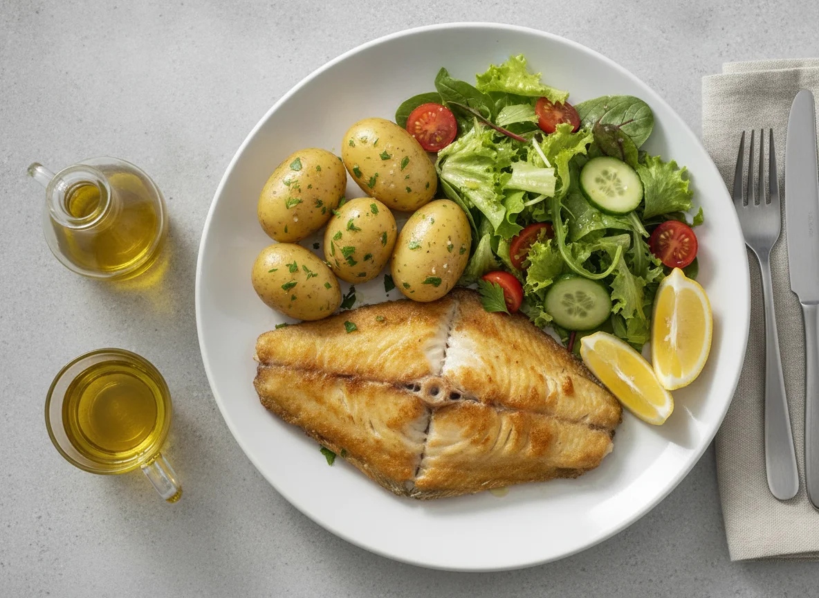 Gebratenes Fischfilet mit Salzkartoffeln und Beilagensalat photo
