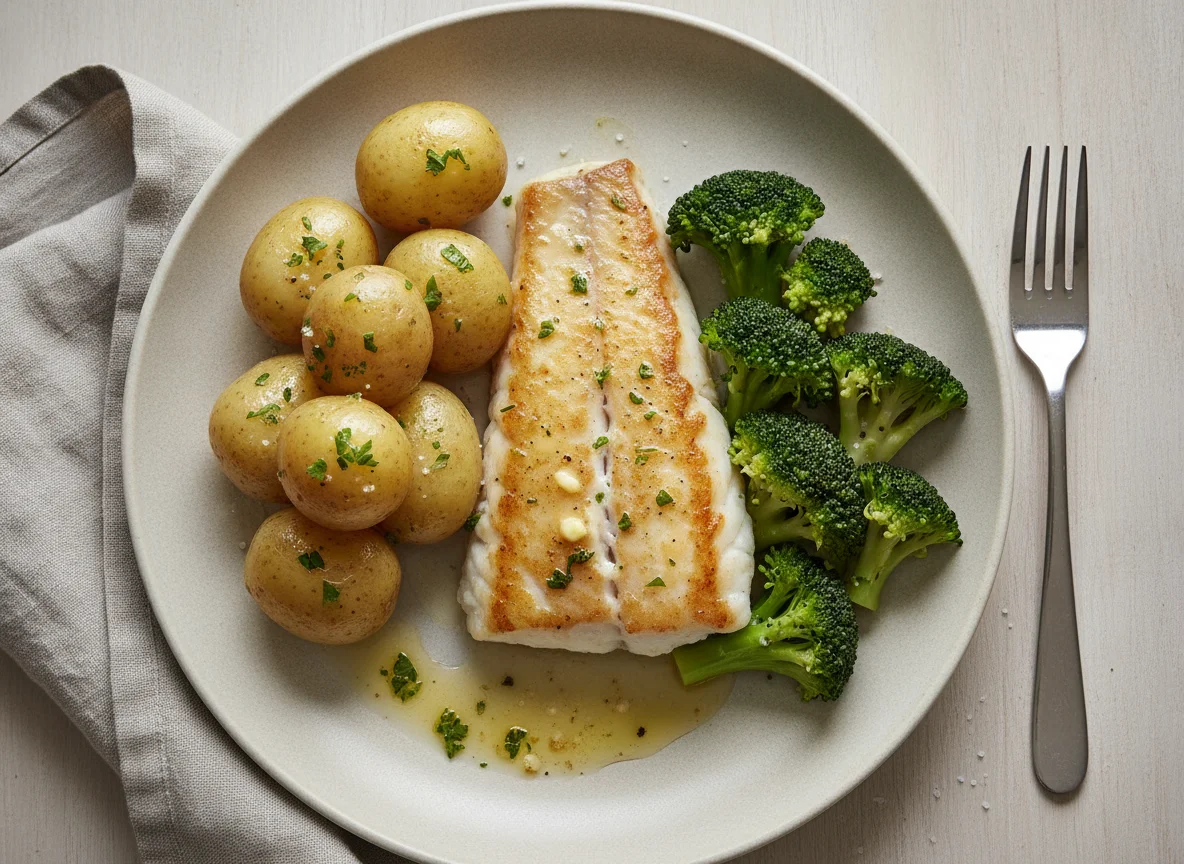 Gebratenes Fischfilet mit Salzkartoffeln und Brokkoli photo