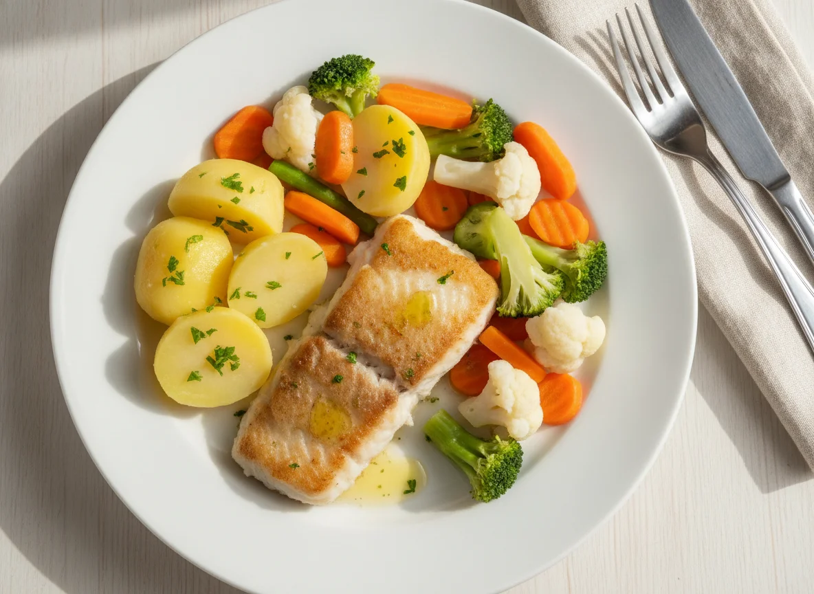 Gebratenes Fischfilet mit Salzkartoffeln und gemischtem Gemüse photo