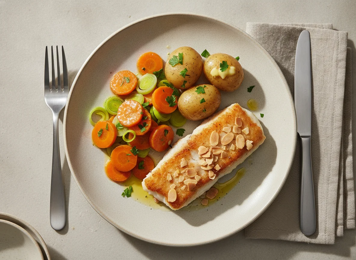Gebratenes Fischfilet mit Salzkartoffeln und Gemüse photo