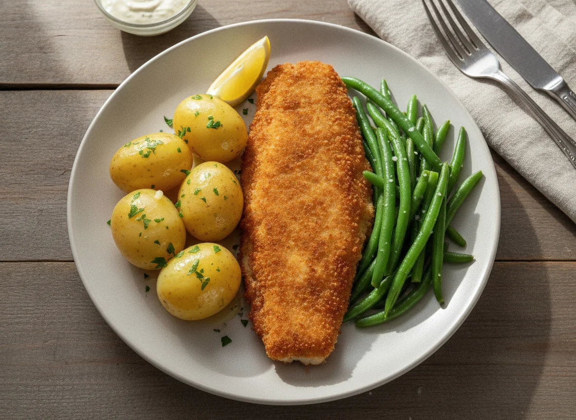 Gebratenes Fischfilet mit Salzkartoffeln und grünen Bohnen photo
