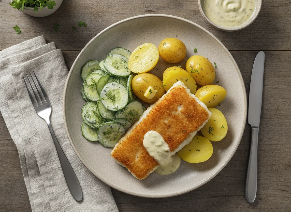 Gebratenes Fischfilet mit Salzkartoffeln und Gurkensalat photo