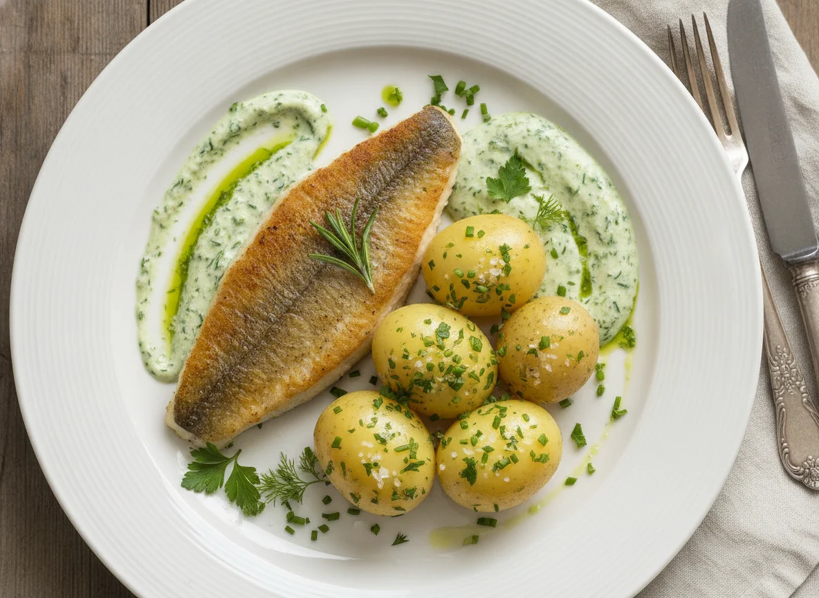 Gebratenes Fischfilet mit Salzkartoffeln und Kräutersauce photo