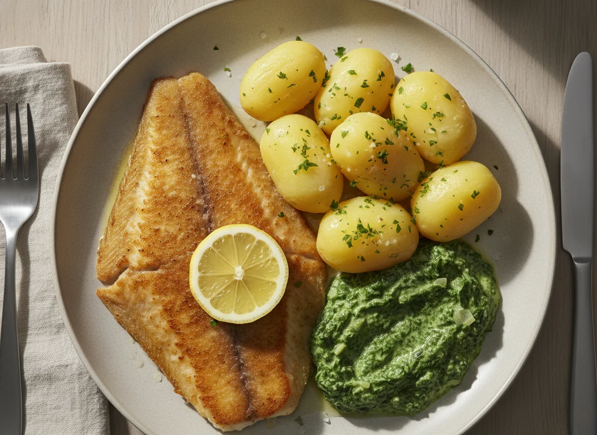 Gebratenes Fischfilet mit Salzkartoffeln und Rahmspinat photo