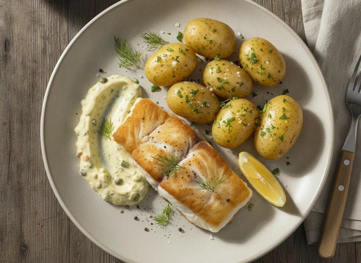 Gebratenes Fischfilet mit Salzkartoffeln und Remoulade photo