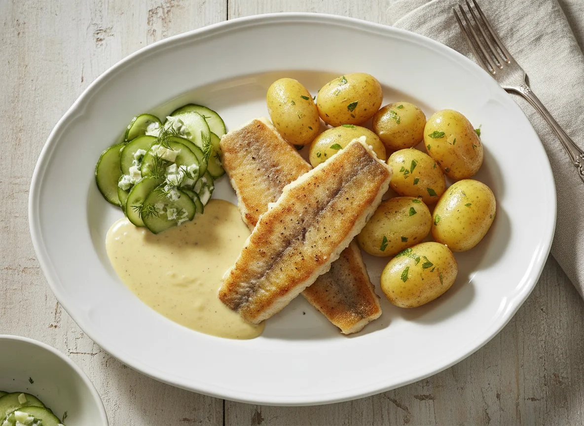 Gebratenes Fischfilet mit Salzkartoffeln und Senfsauce photo