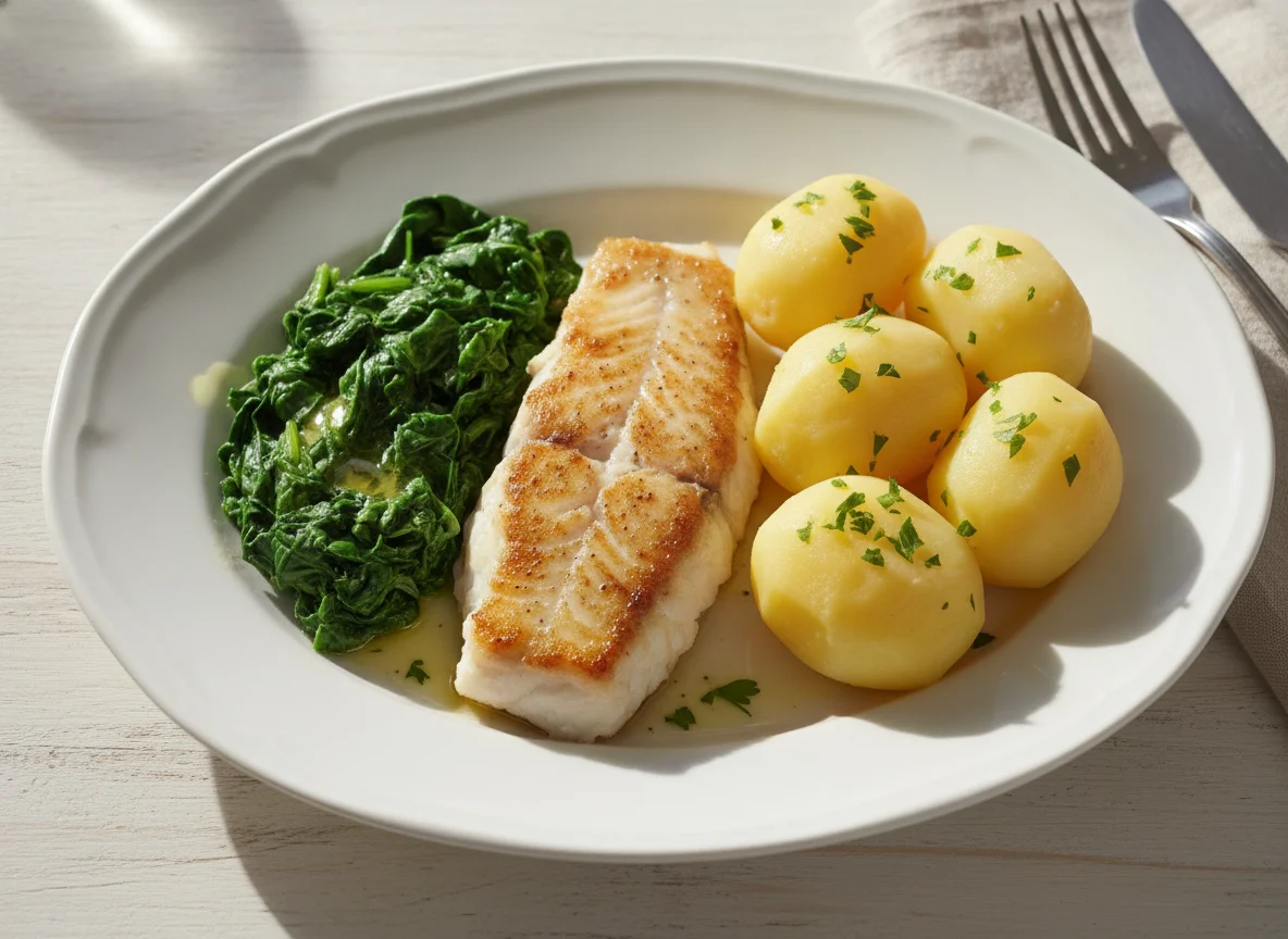Gebratenes Fischfilet mit Salzkartoffeln und Spinat photo