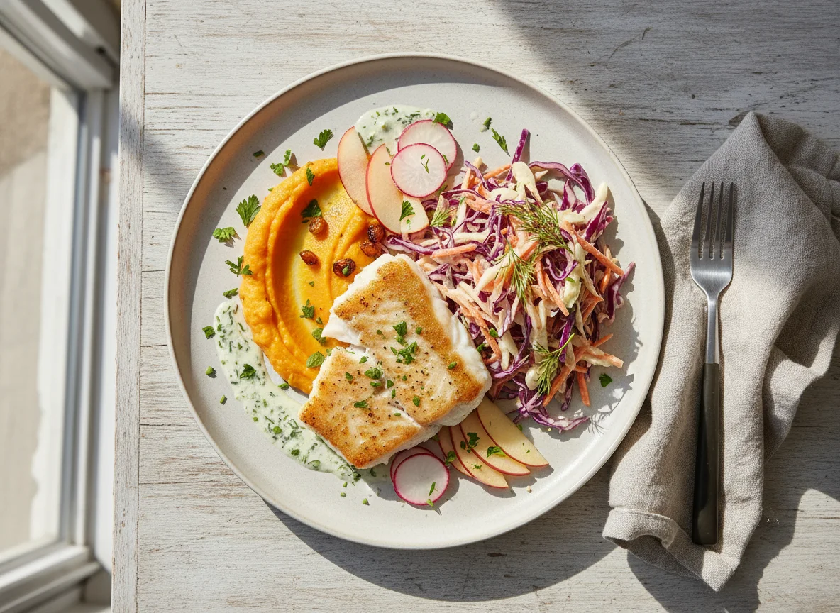 Gebratenes Fischfilet mit Süsskartoffelpüree und Krautsalat photo