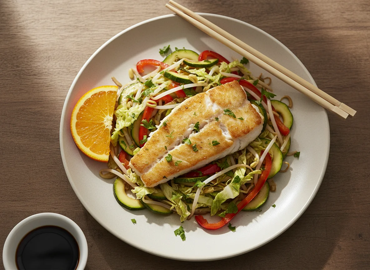 Gebratenes Fischfilet mit Wok-Gemüse photo