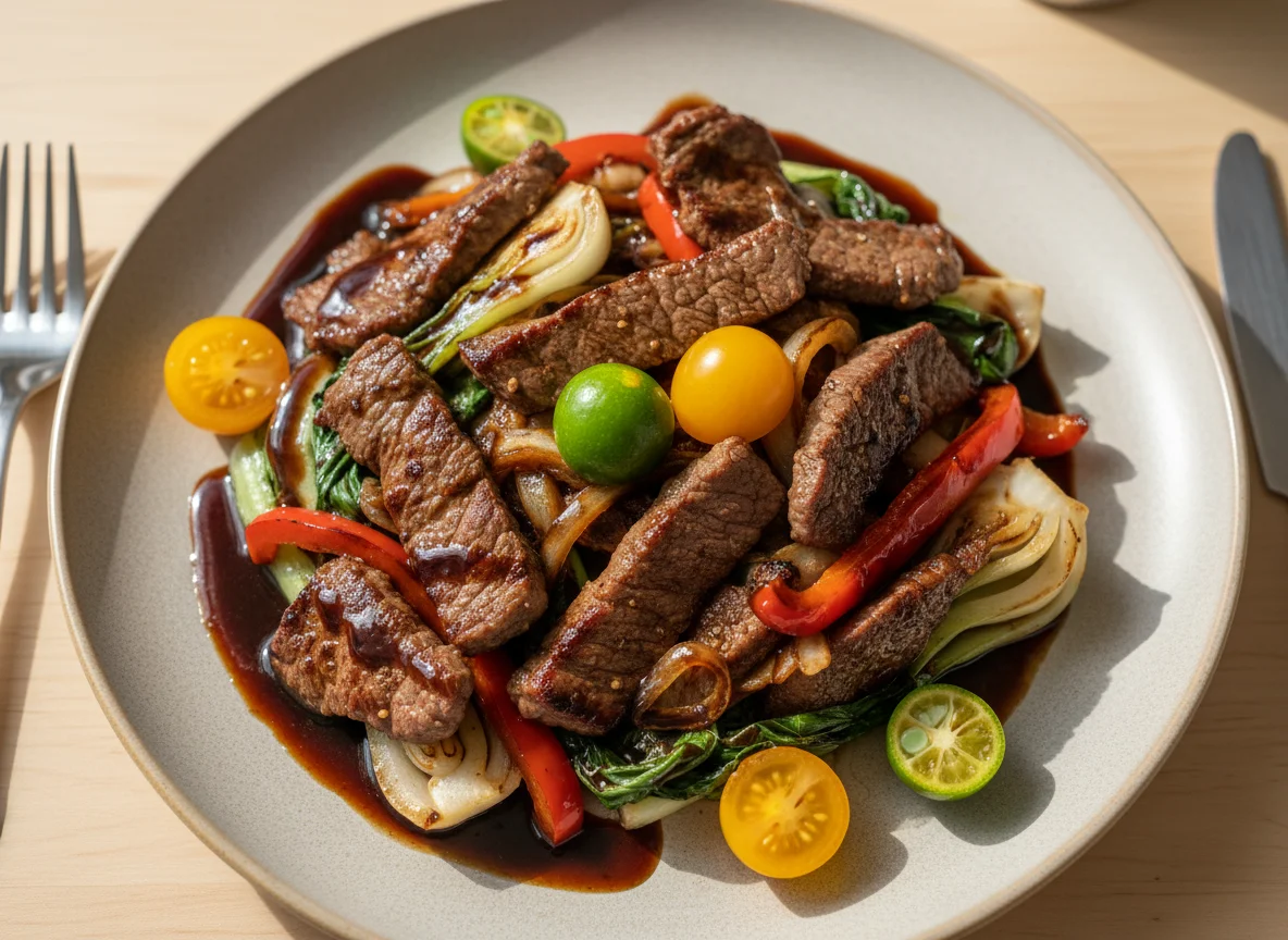 Gebratenes Fleisch mit Gemüse und Beilagen photo