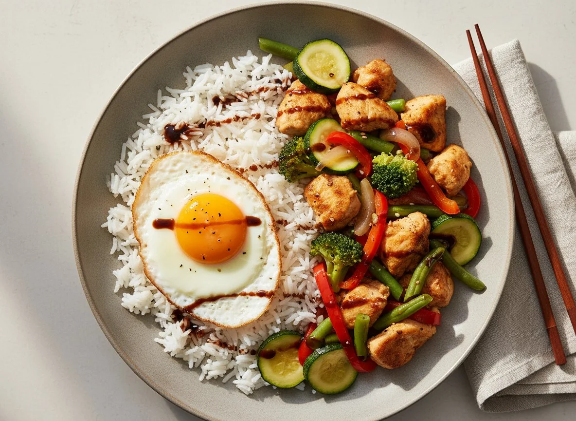 Gebratenes Fleisch mit Gemüse und Reis photo