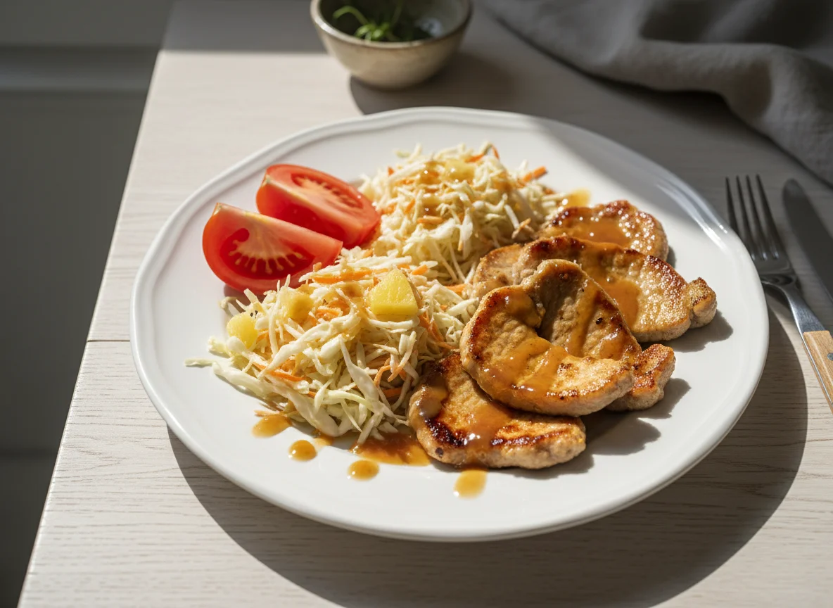 Gebratenes Fleisch mit Krautsalat und Tomate photo