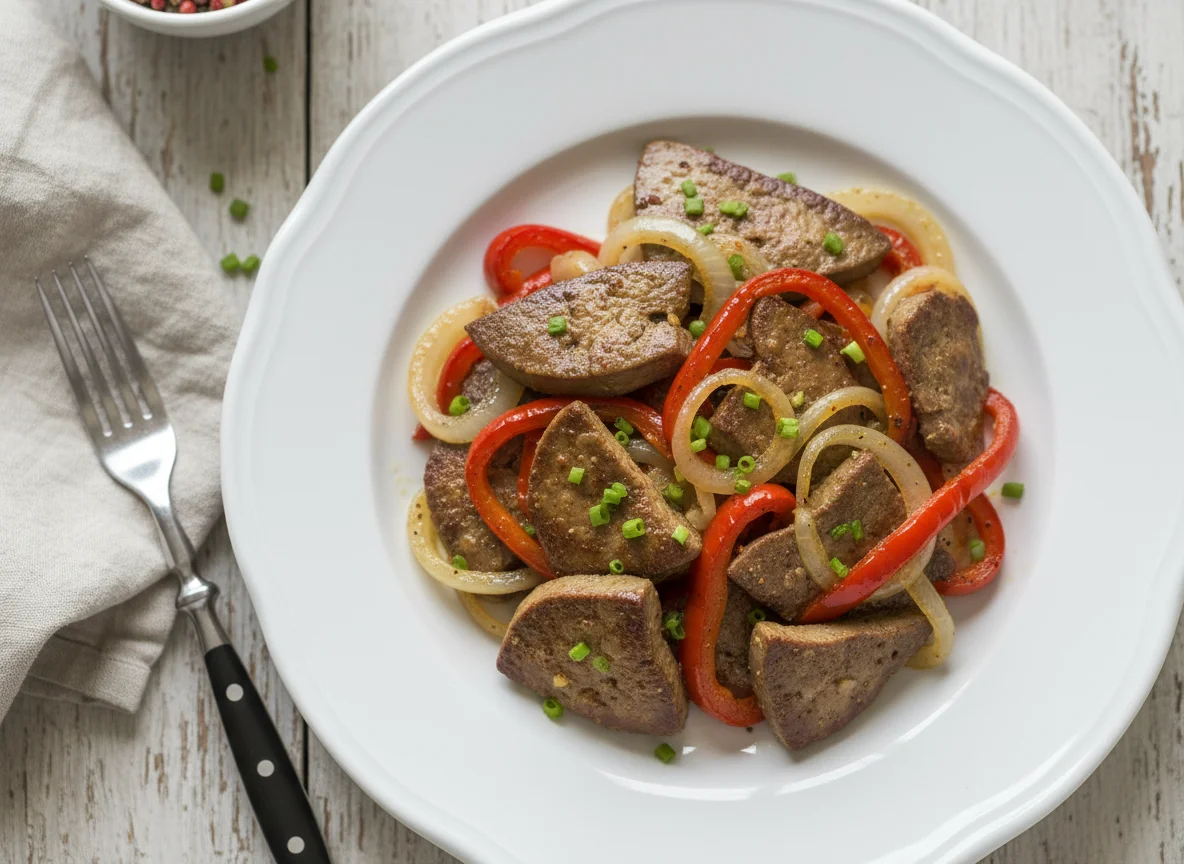 Gebratenes Fleisch mit Paprika und Zwiebeln photo