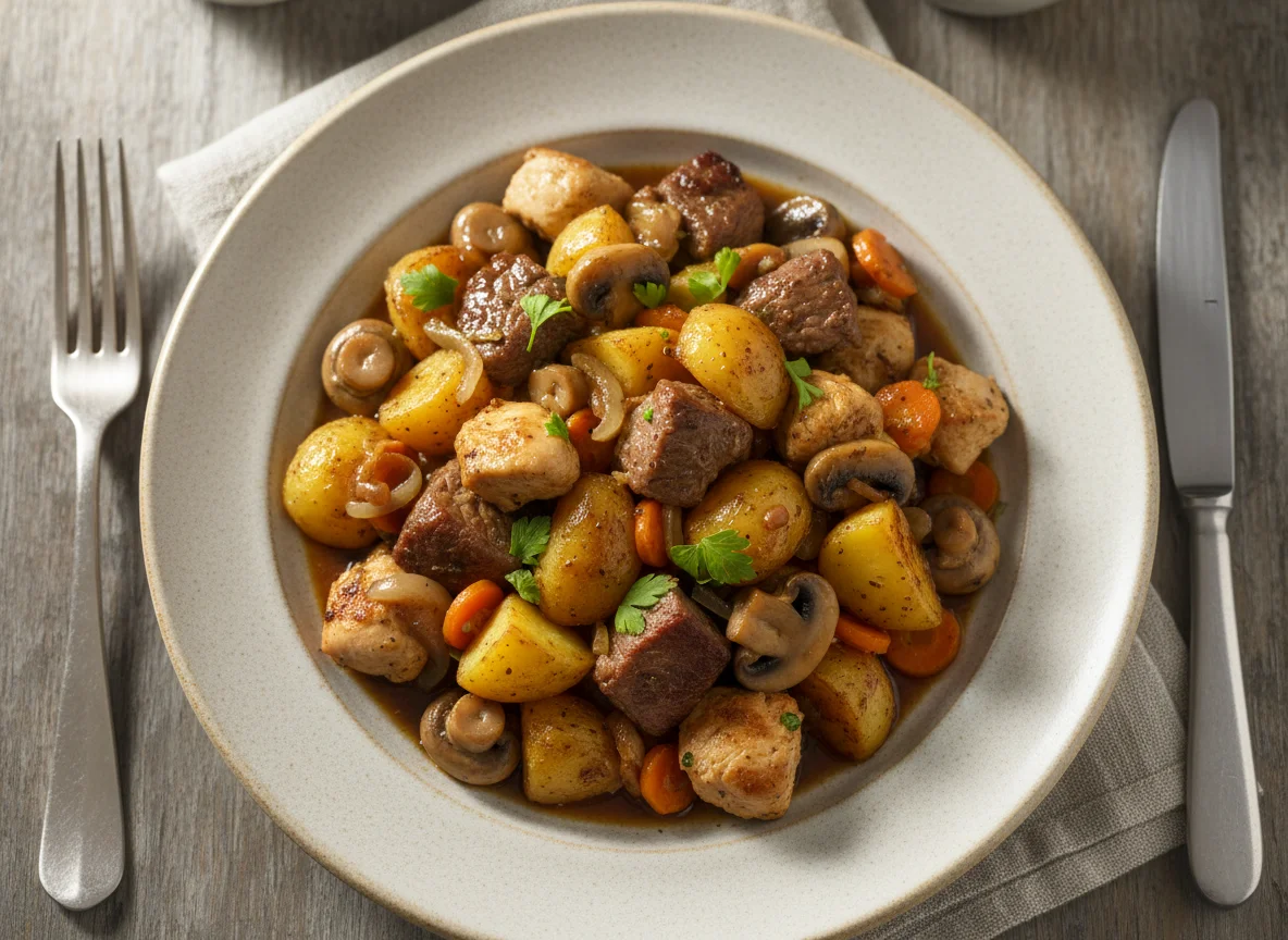 Gebratenes Fleisch mit Pilzen und Kartoffeln photo
