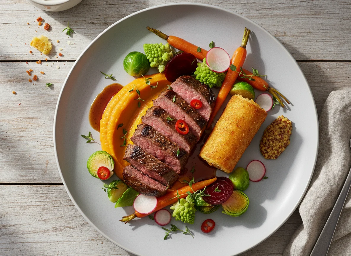 Gebratenes Fleisch mit Püree und Gemüse photo