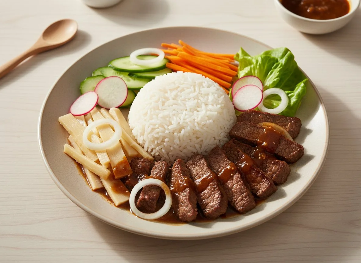 Gebratenes Fleisch mit Reis und Gemüse photo