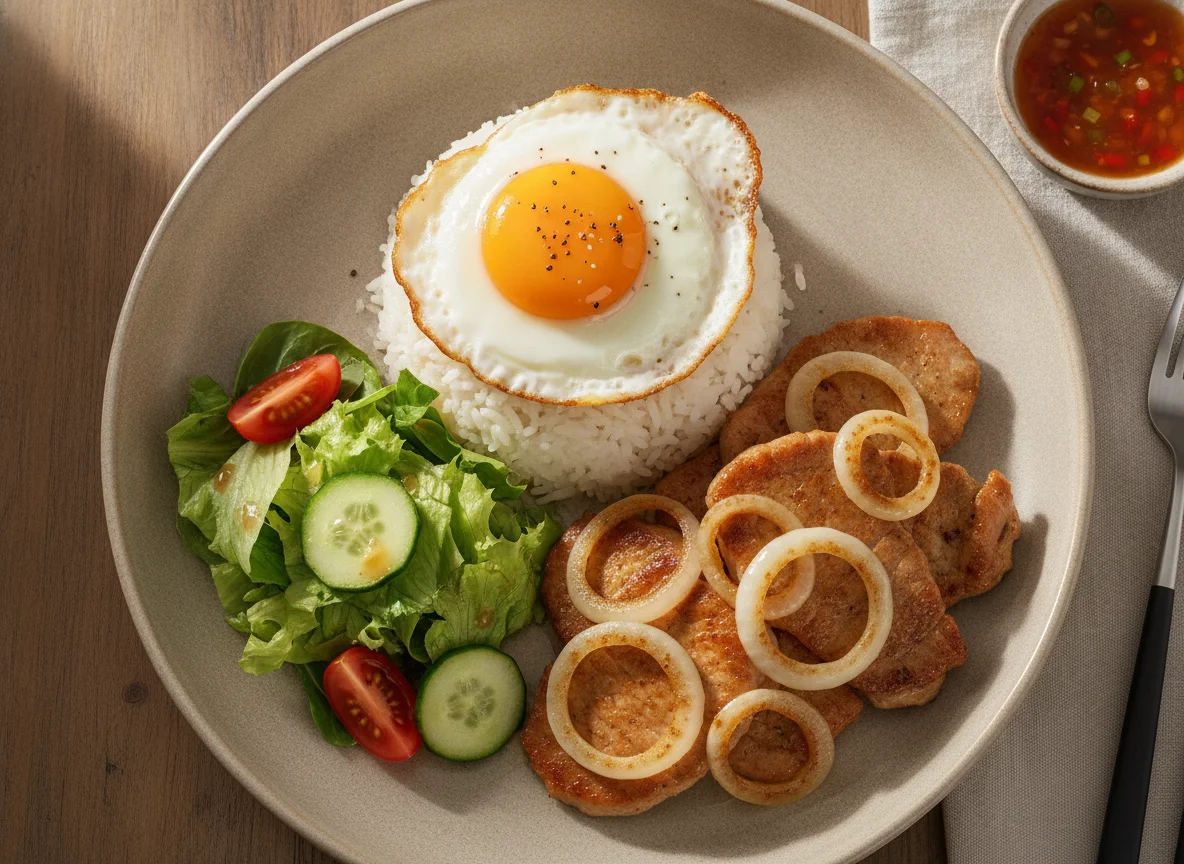 Gebratenes Fleisch mit Reis und Spiegelei photo