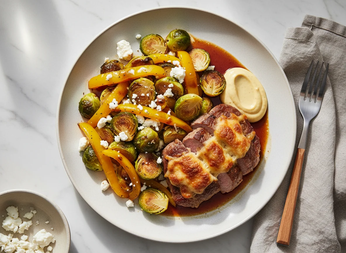 Gebratenes Gemüse mit Feta und Fleisch photo