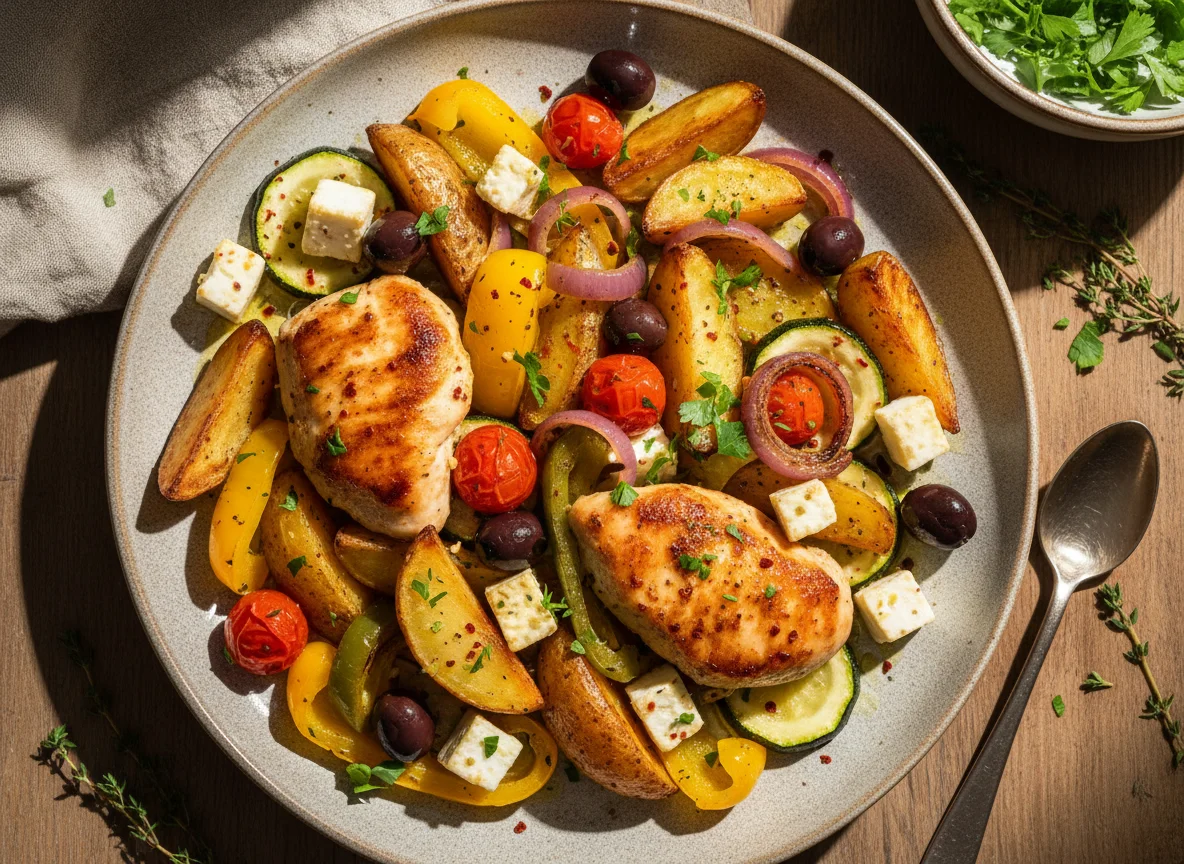 Gebratenes Gemüse mit Feta und Kartoffeln photo