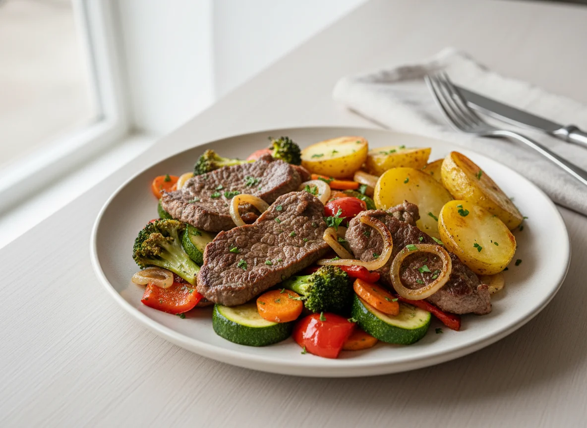 Gebratenes Gemüse mit Fleisch und Kartoffeln photo