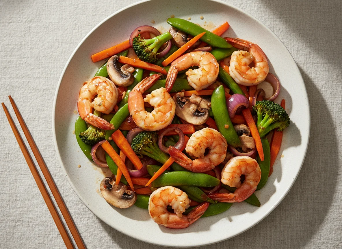 Gebratenes Gemüse mit Garnelen und Pilzen photo