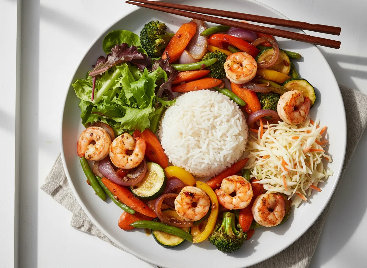 Gebratenes Gemüse mit Garnelen und Reis photo