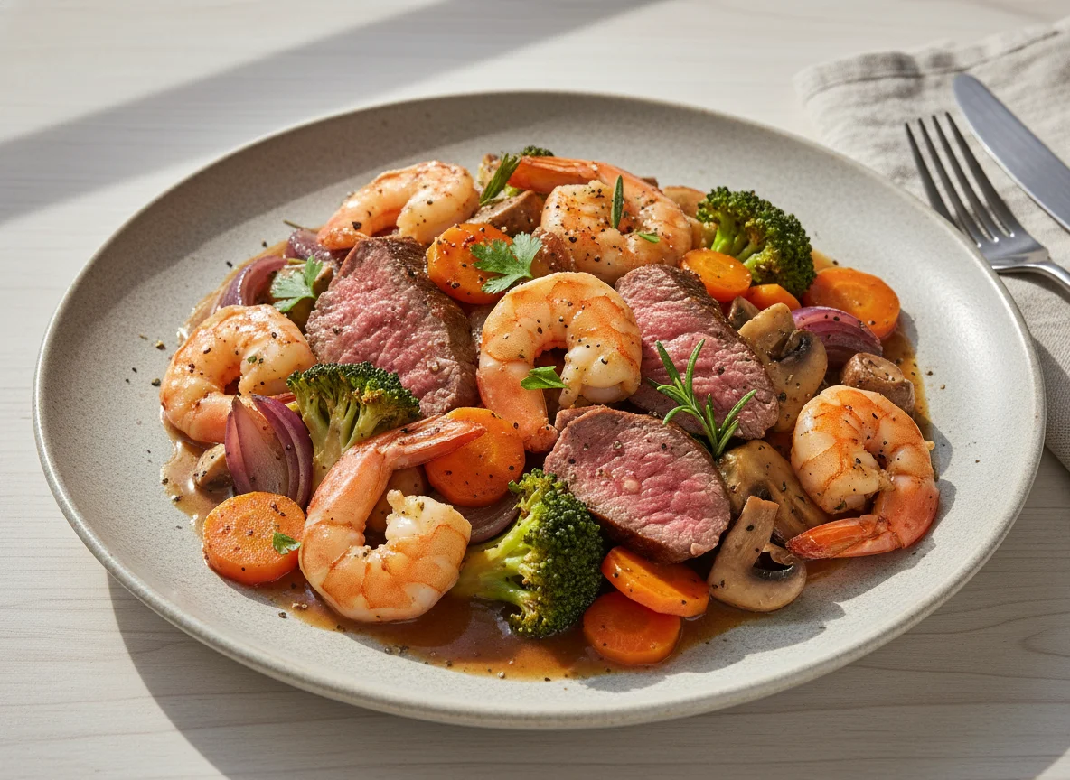 Gebratenes Gemüse mit Garnelen und Rindfleisch photo