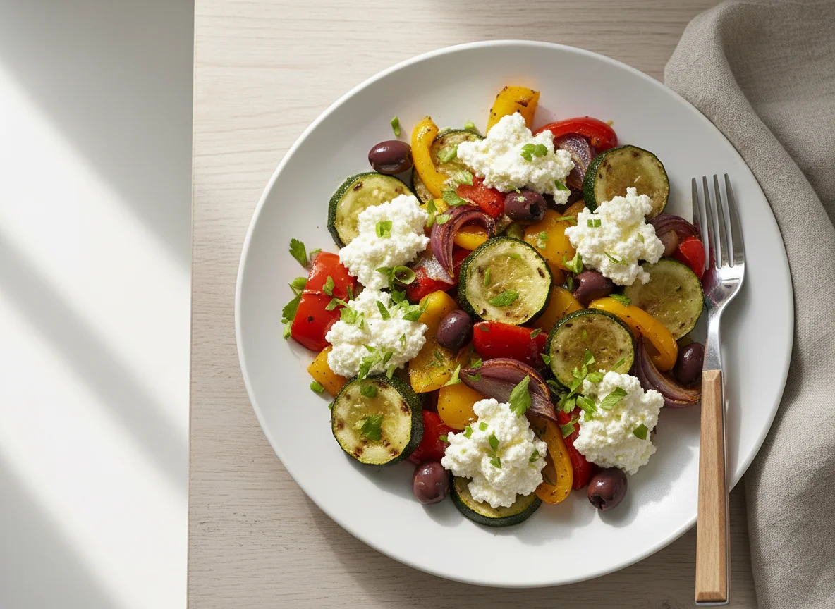 Gebratenes Gemüse mit Hüttenkäse photo