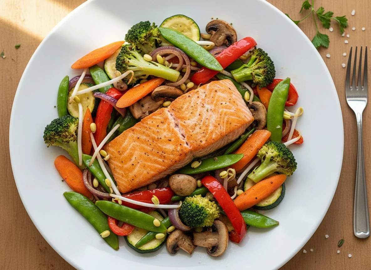 Gebratenes Gemüse mit Lachs photo