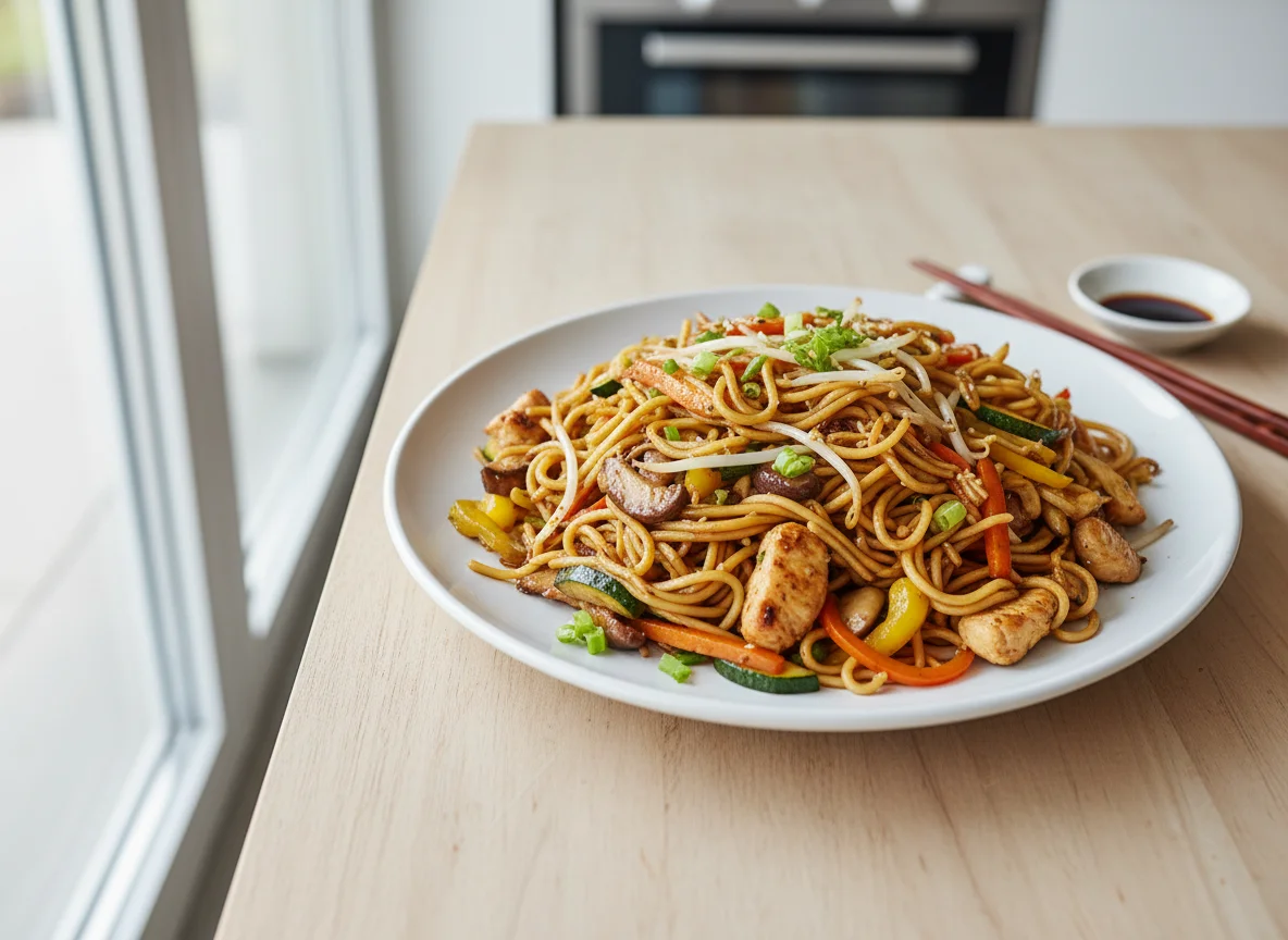 Gebratenes Gemüse mit Nudeln und Fleisch photo