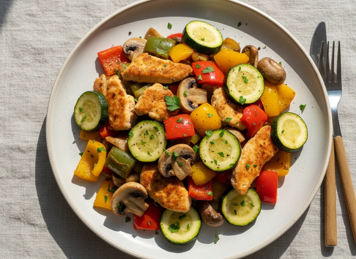 Gebratenes Gemüse mit Pilzen und Hähnchen photo