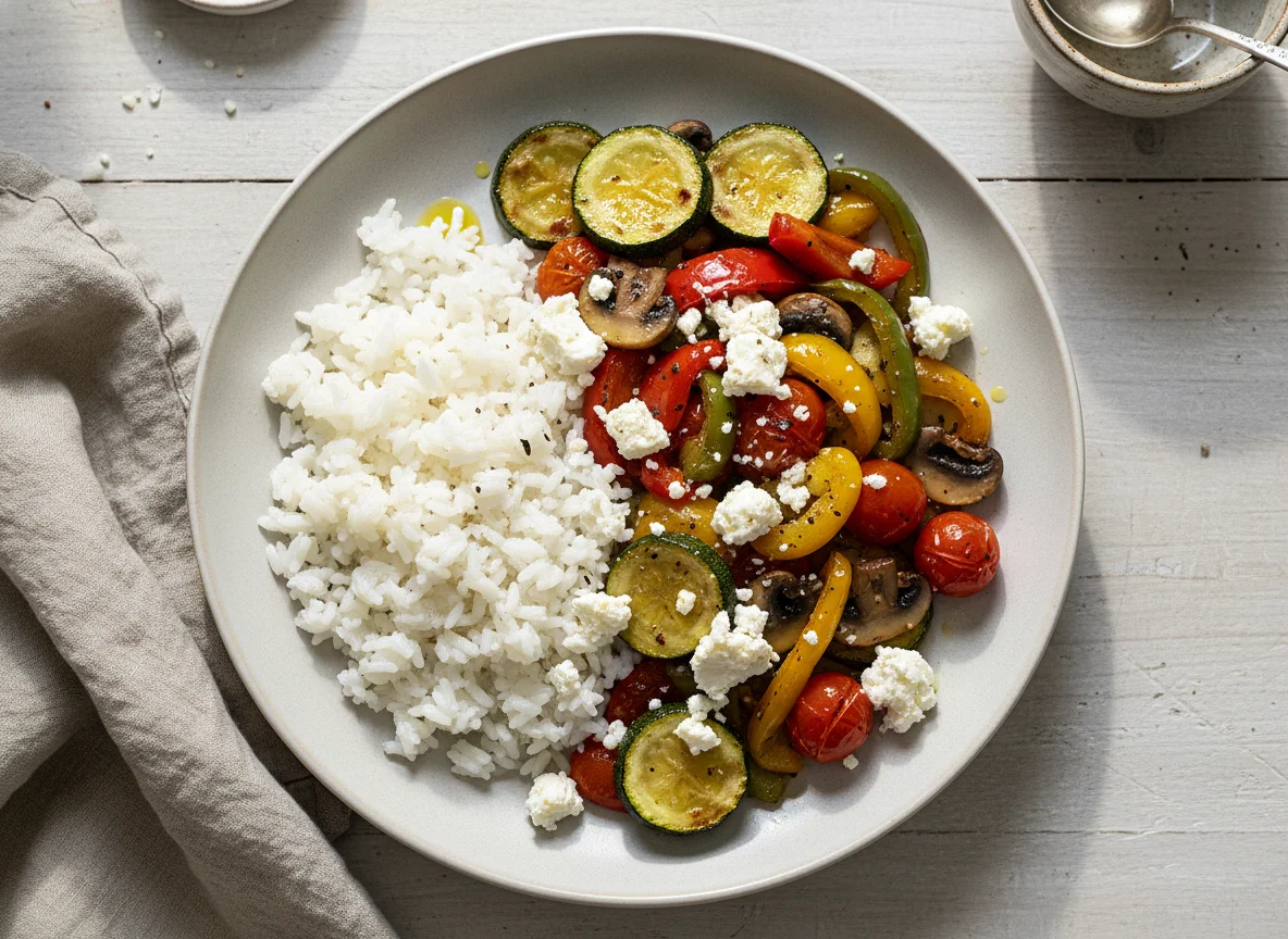 Gebratenes Gemüse mit Reis und Feta photo