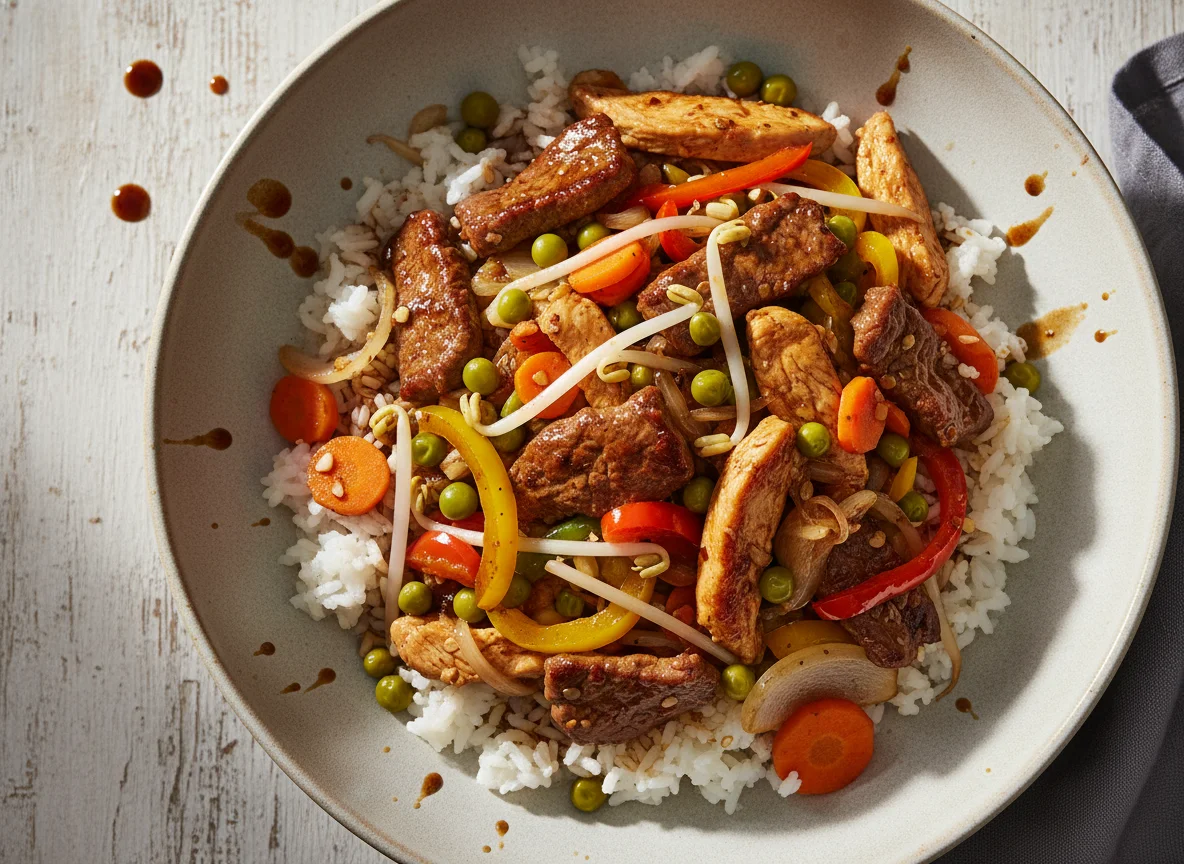 Gebratenes Gemüse mit Reis und Fleisch photo
