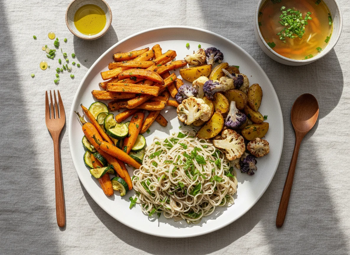 Gebratenes Gemüse mit Reisnudelsalat und Suppe photo
