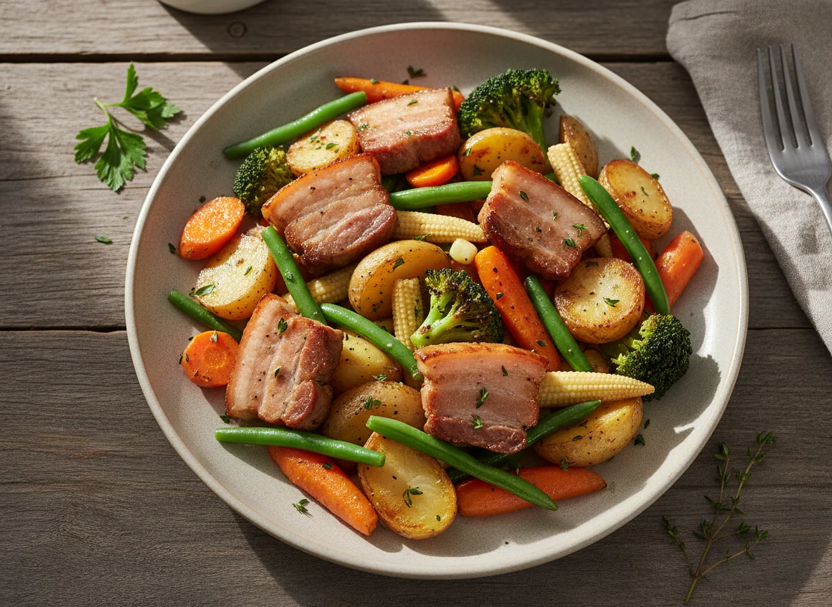 Gebratenes Gemüse mit Schweinebauch photo